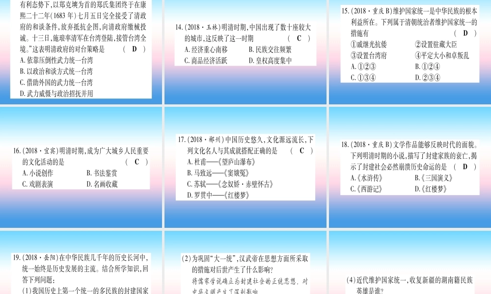 (云南专用)中考历史总复习 第一篇 考点系统复习 板块1 中国古代史 主题四 多民族大一统国家的巩固与发展—明清(精练)课件