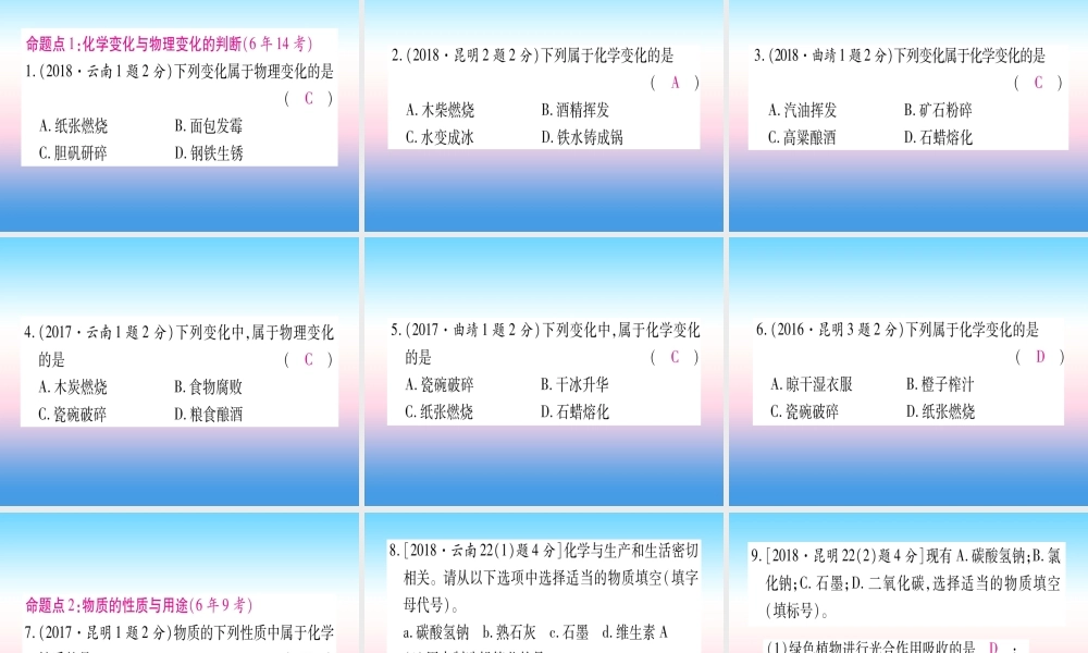 (云南专用)中考化学总复习 第1部分 教材系统复习 九上 第1单元 走进化学世界 第1课时 物质的变化和性质(精讲)课件