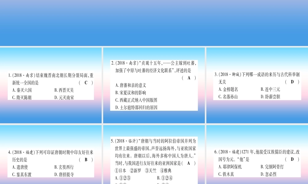 (云南专用)中考历史总复习 第一篇 考点系统复习 板块1 中国古代史 主题三 繁荣与开放的社会—隋唐 民族政权竞立和南方经济的发展—辽宋夏金元(精练)课件