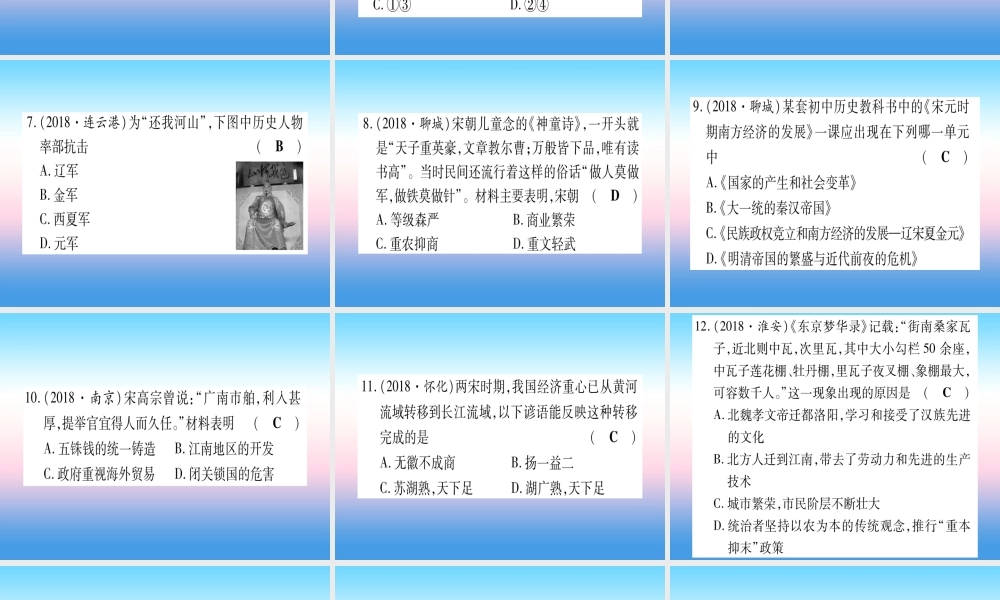 (云南专用)中考历史总复习 第一篇 考点系统复习 板块1 中国古代史 主题三 繁荣与开放的社会—隋唐 民族政权竞立和南方经济的发展—辽宋夏金元(精练)课件