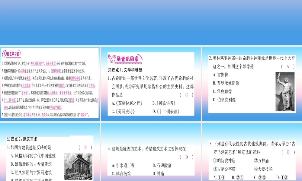 2018秋九年级历史上册 第2单元 古代欧洲文明 第6课 希腊罗马古典文化习题课件 新人教版 课件