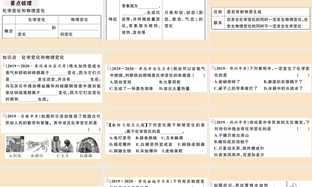 (湖北专版)九年级化学上册 第一单元 走进化学世界 课题1 物质的变化和性质 第1课时 物质的变化作业课件 (新版)新人教版 课件