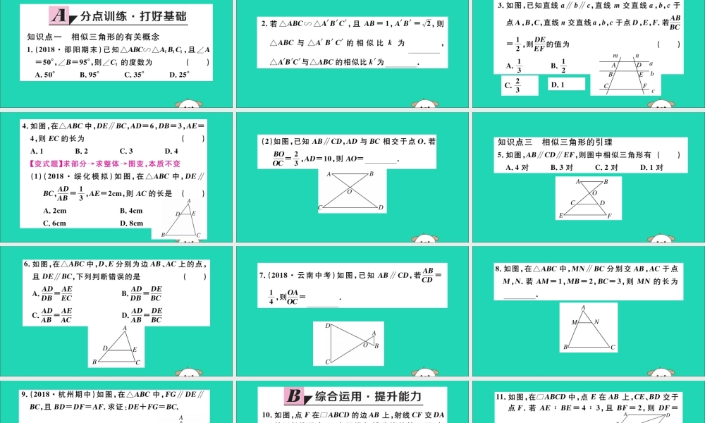 (通用)九年级数学下册 第二十七章 相似 27.2 相似三角形 27.2.1 第1课时 平行线分线段成比例习题讲评课件 (新版)新人教版 课件