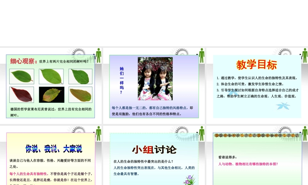 -版七年级政治上册 第3课第2框 人的生命的独特性同步授课课件 人教实验版 课件