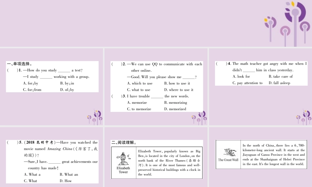 中考英语总复习 第一篇 教材知识梳理篇 组合训练16 九全 Units 1 2(精练)课件