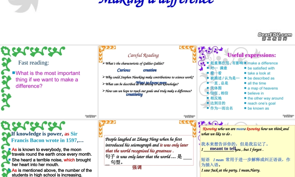 Unit1 Making a difference Integrating skills五 人教版 课件