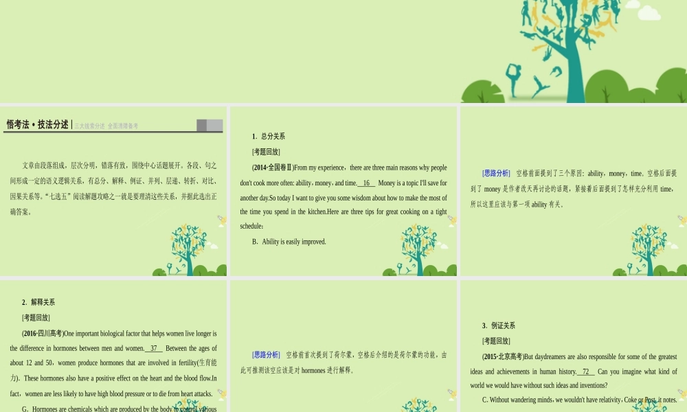 (浙江专版)高考英语二轮复习 专题6 阅读七选五 技法1 依据 行文逻辑 线索课件