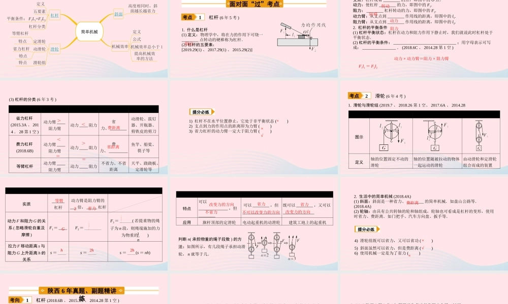 中考物理一轮复习 基础考点一遍过 第十一章 简单机械和功 命题点1 简单机械课件