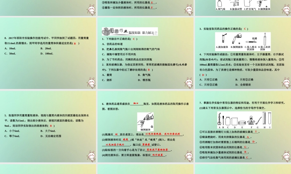 九年级化学上册 第1单元 走进化学世界 课题3 走进化学实验室 第1课时 实验室常用仪器 化学药品的取用作业课件 (新版)新人教版 课件