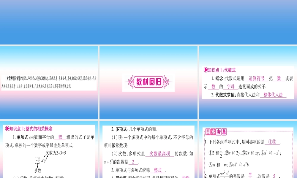 (甘肃专用)中考数学 第一轮 考点系统复习 第1章 数与式 第2节 整式与因式分解课件