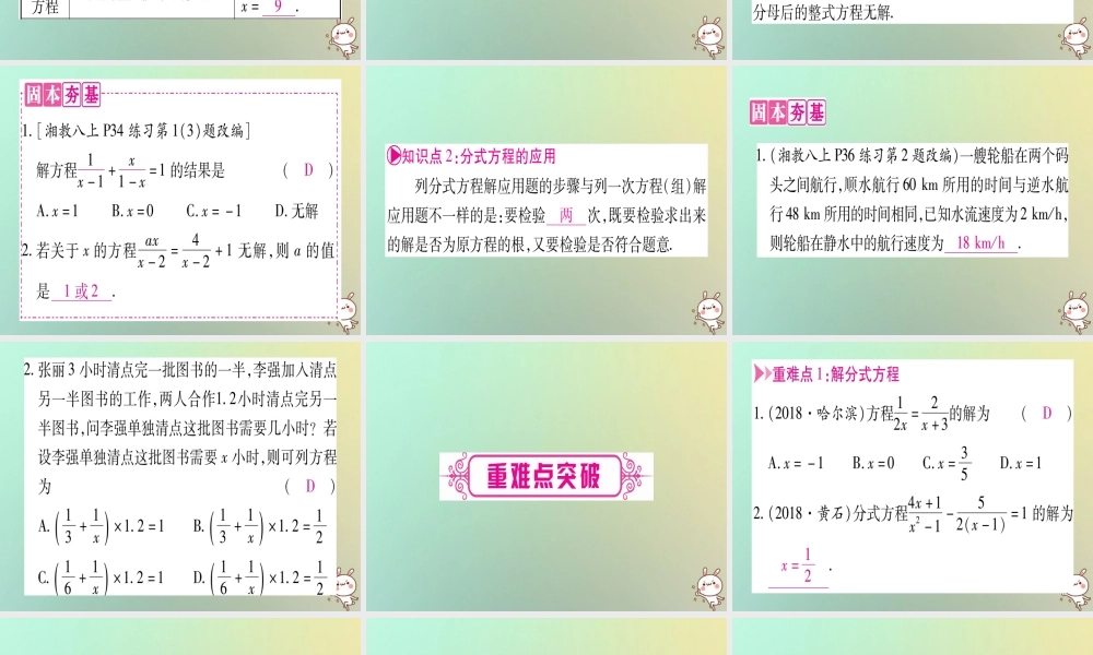 中考数学精选准点备考复习 第一轮 考点系统复习 第2章 方程(组)与不等式(组)第3节 分式方程及其应用课件 新人教版 课件