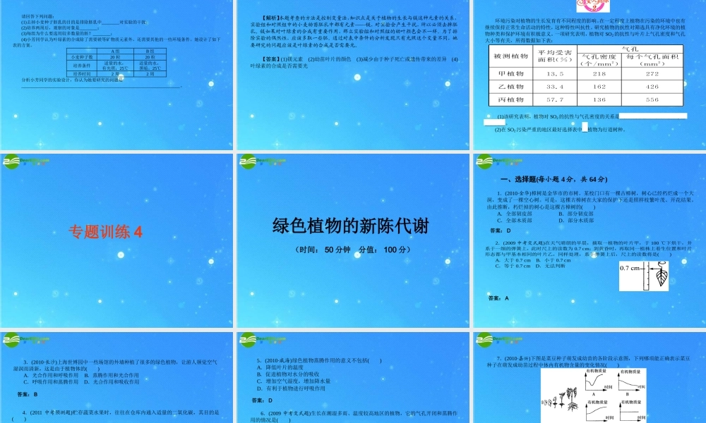 中考科学复习课件 专题4　绿色植物的新陈代谢 浙教版 课件