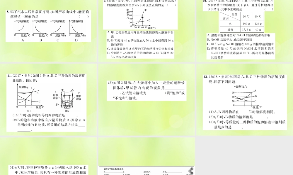 九年级化学下册 第九单元 溶液 课题2 第2课时 溶解度复习课件 (新版)新人教版 课件