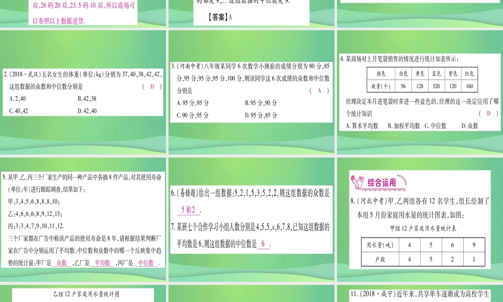 (江西专用)八年级数学上册 第6章 数据的分析 6.2 中位数与众数作业课件 (新版)北师大版 课件