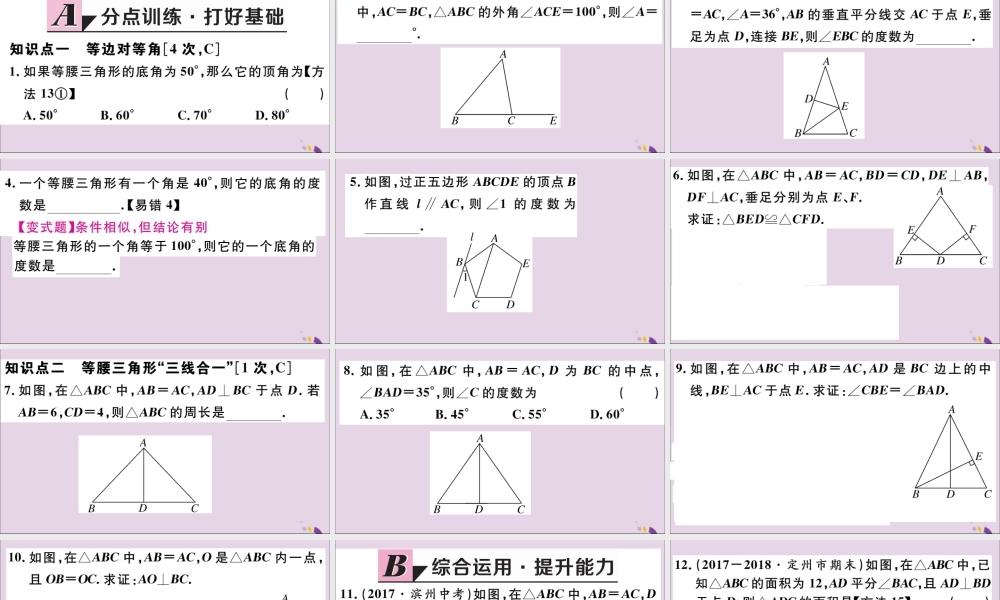 (河北专版)八年级数学上册 13.3 等腰三角形 13.3.1 第1课时 等腰三角形的性质习题课件 (新版)新人教版 课件