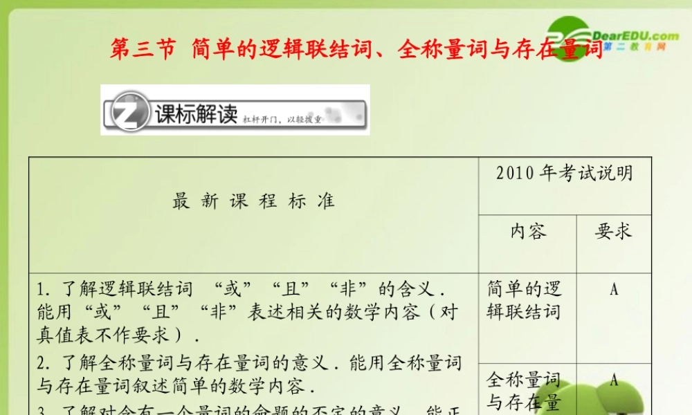 (学案与测评)高考数学总复习 第一单元第三节 简单的逻辑联结词、全称量词与存在量词精品课件 苏教版 课件