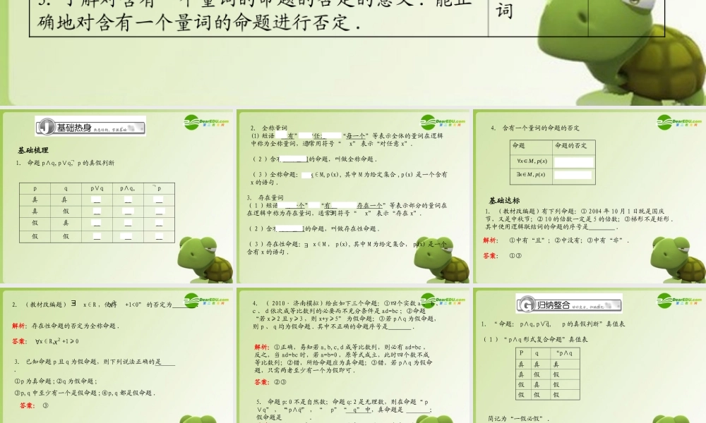 (学案与测评)高考数学总复习 第一单元第三节 简单的逻辑联结词、全称量词与存在量词精品课件 苏教版 课件