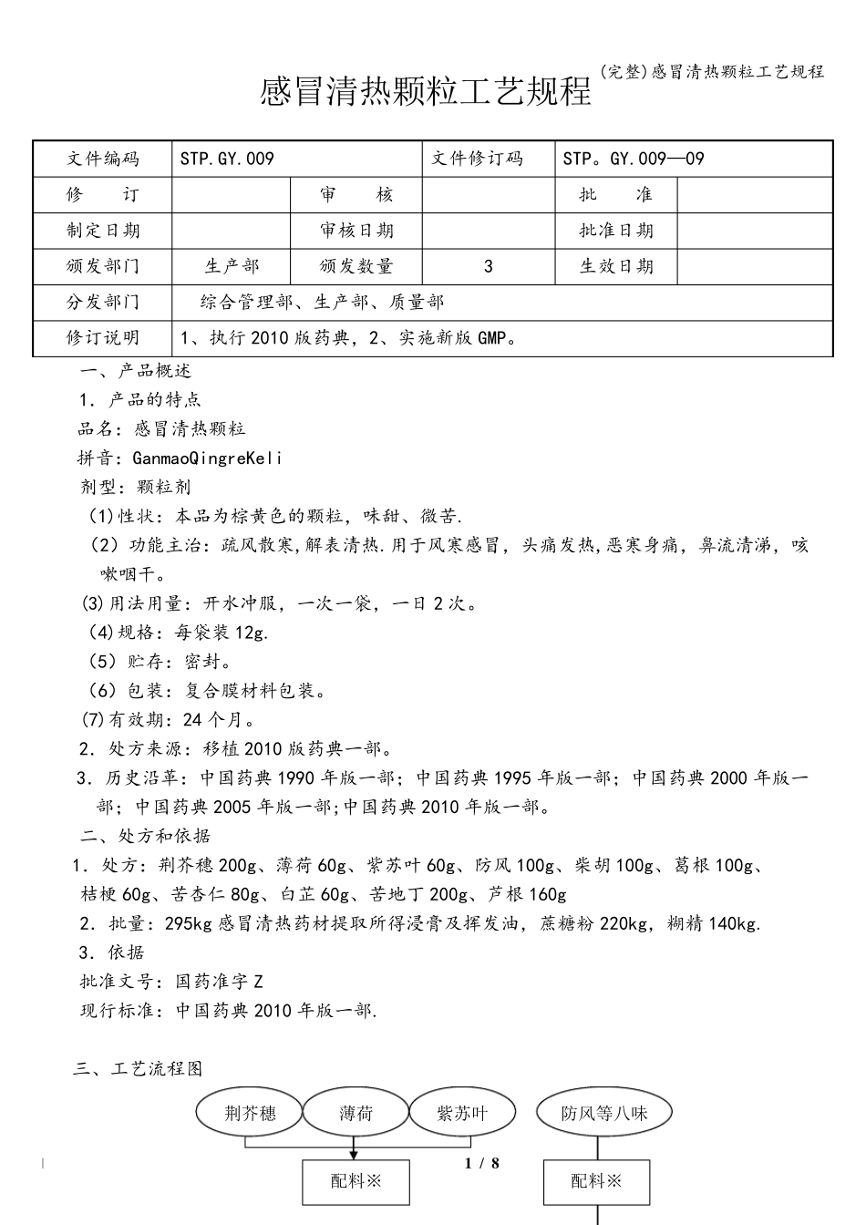 (完整)感冒清热颗粒工艺规程_第1页