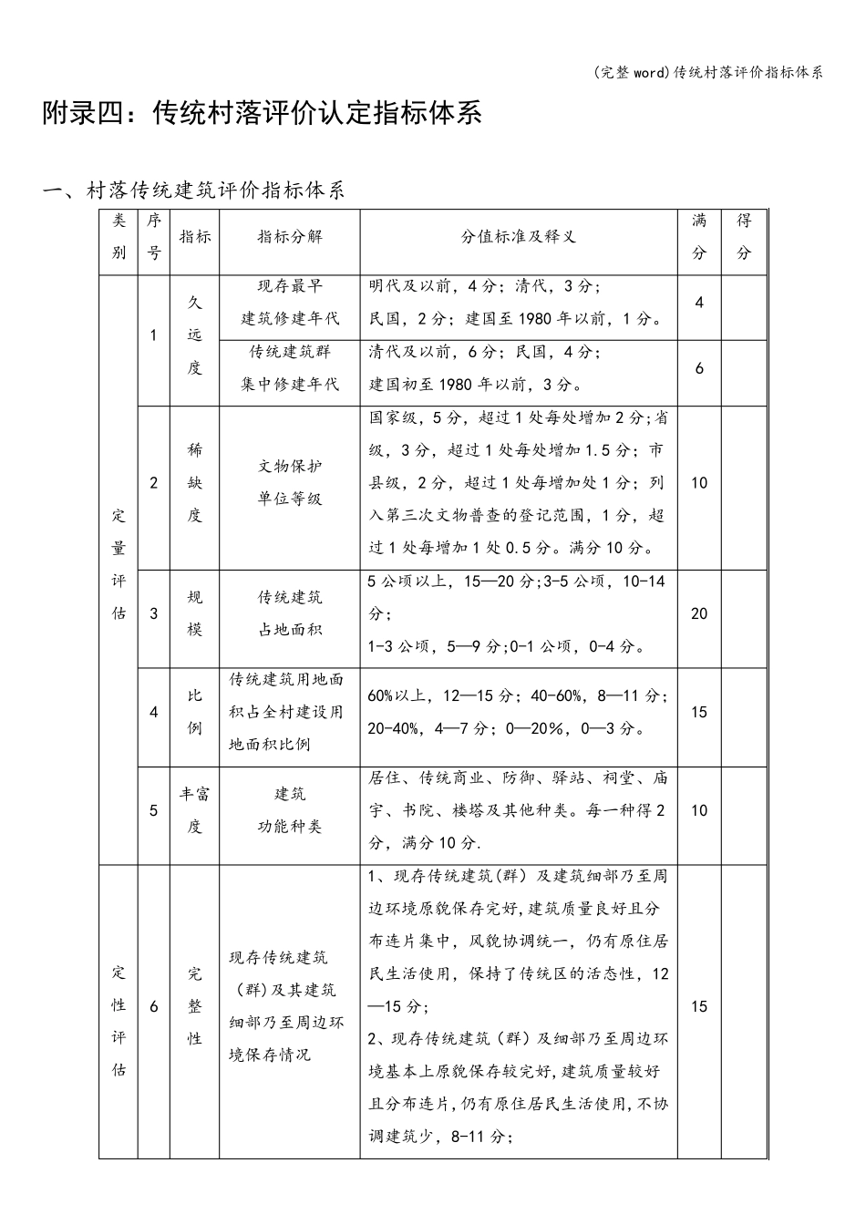(完整word)传统村落评价指标体系_第1页