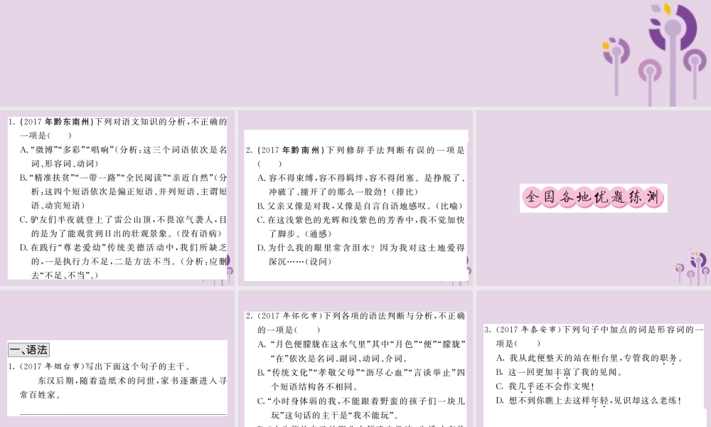 (贵州专版)中考语文复习 第二轮 第一部分 语言积累与运用 专题六 语法与修辞真题汇编课件