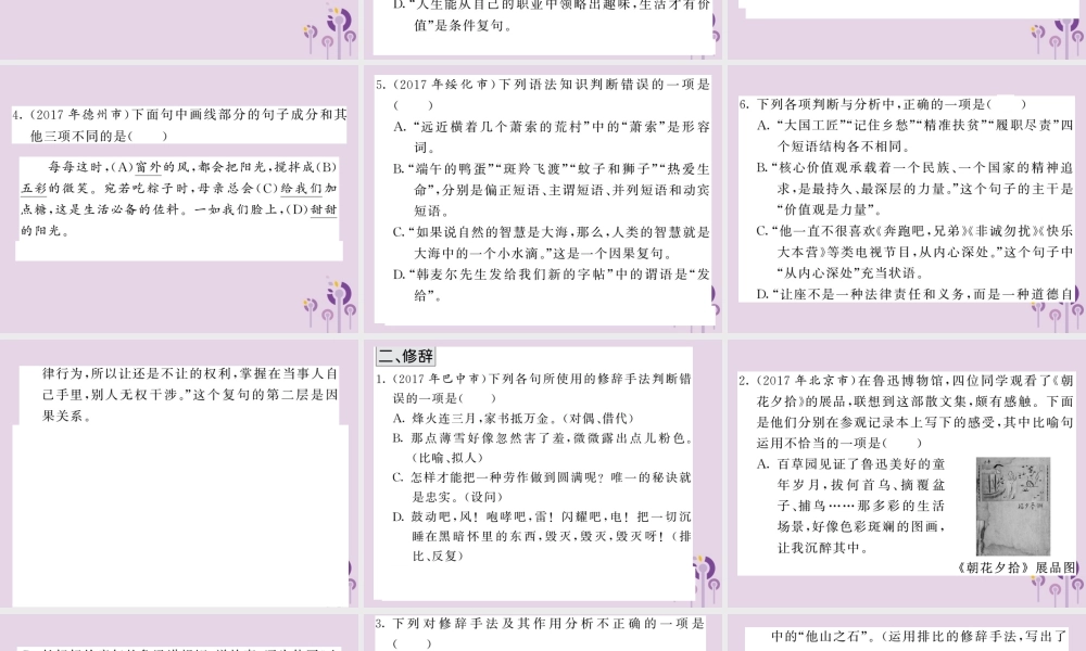 (贵州专版)中考语文复习 第二轮 第一部分 语言积累与运用 专题六 语法与修辞真题汇编课件