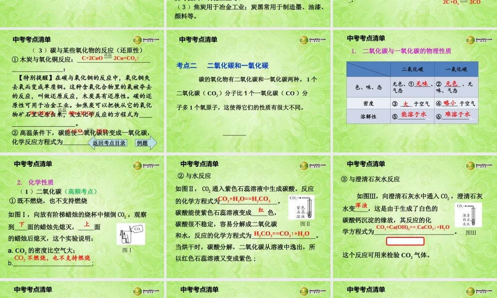 (湖南专用)中考化学总复习 第一部分 第六单元 碳和碳的氧化物课件(考点清单+13年中考试题) 课件