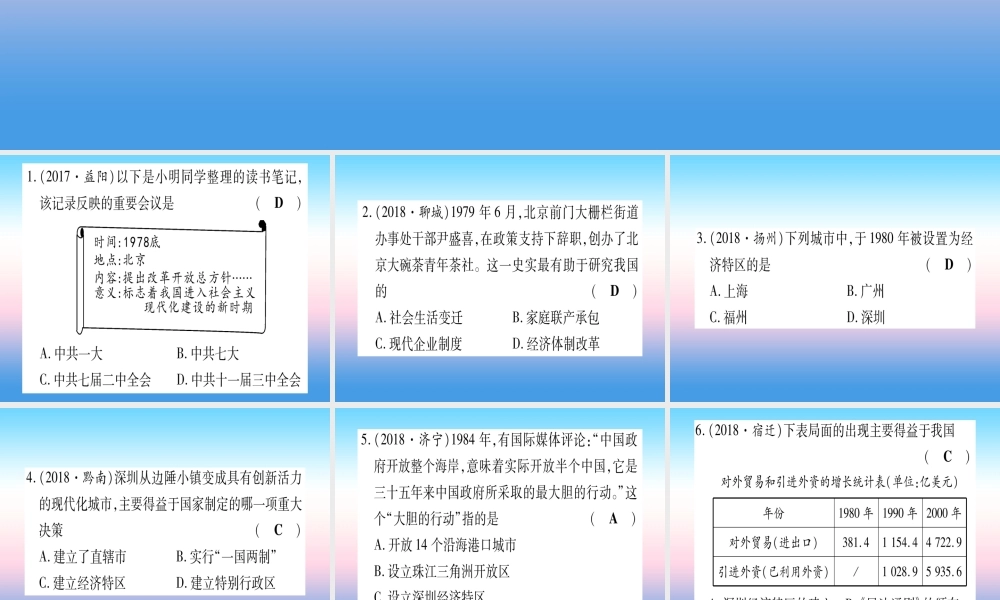 (云南专用)中考历史总复习 第一篇 考点系统复习 板块3 中国现代史 主题四 中国特色社会主义道路的开辟(精练)课件