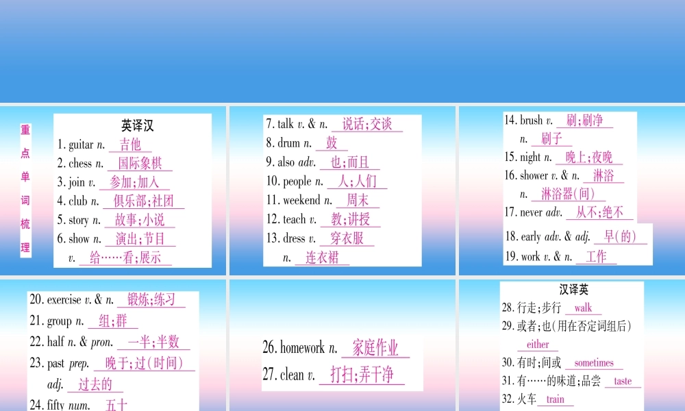 (湖北专用版)版中考英语复习 第一篇 教材系统复习 考点精讲三 七下 Units 1 4实用课件