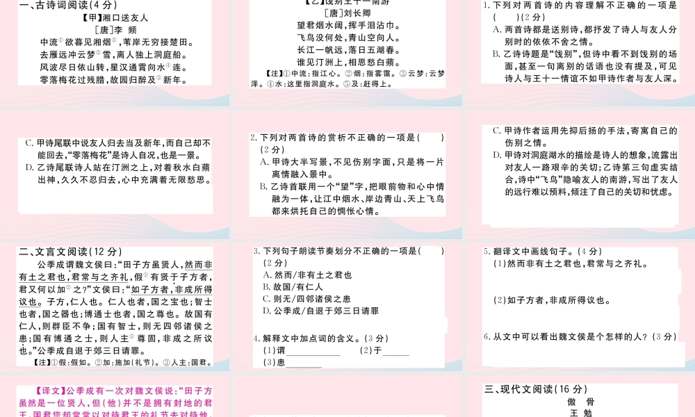 (江西专版)文下册 阅读组合训练10课件 新人教版 课件