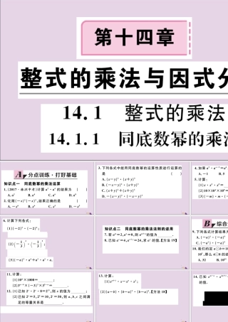 (通用)秋八年级数学上册 14.1 整式的乘法 14.1.1 同底数幂的乘法习题讲评课件 (新版)新人教版 课件