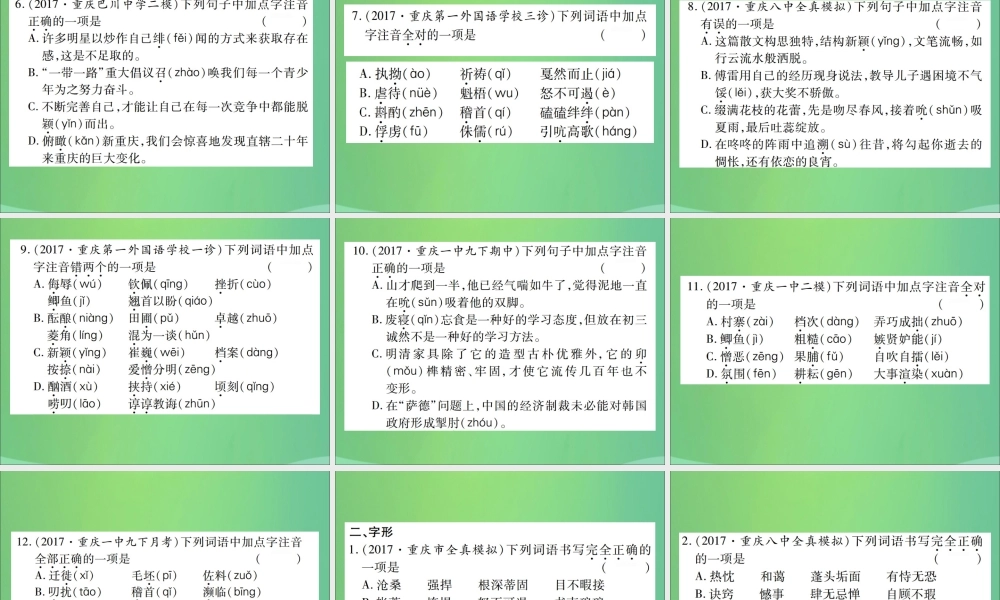 中考语文复习 第一部分 语文知识及运用 专题一 字音、字形课件