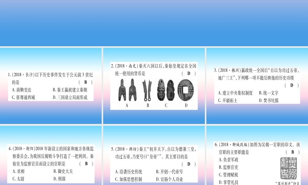 (云南专用)中考历史总复习 第一篇 考点系统复习 板块1 中国古代史 主题二 大一统国家的建立—秦汉 政权分立与民族交融—三国两晋南北朝(精练)课件