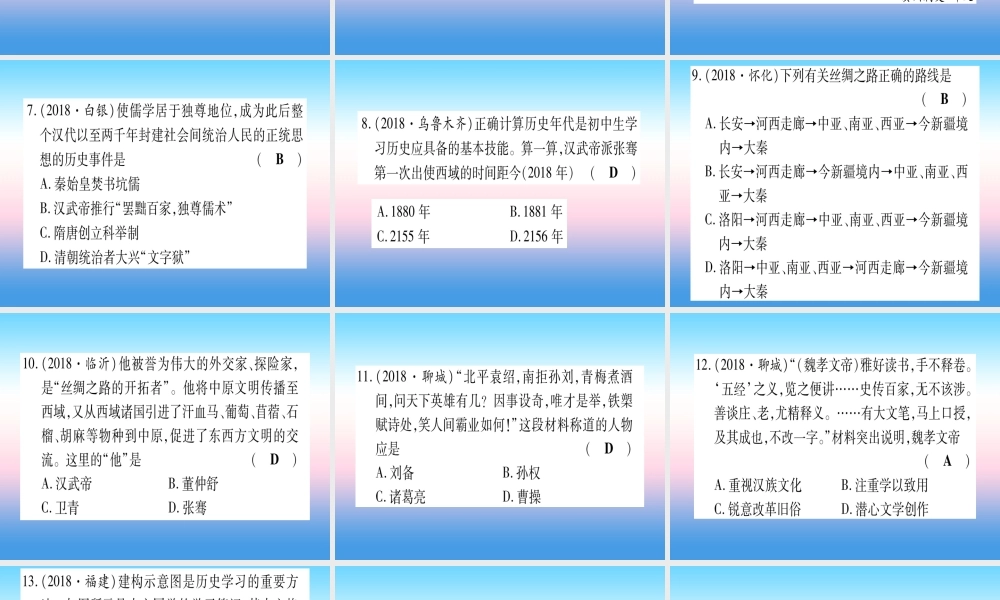 (云南专用)中考历史总复习 第一篇 考点系统复习 板块1 中国古代史 主题二 大一统国家的建立—秦汉 政权分立与民族交融—三国两晋南北朝(精练)课件