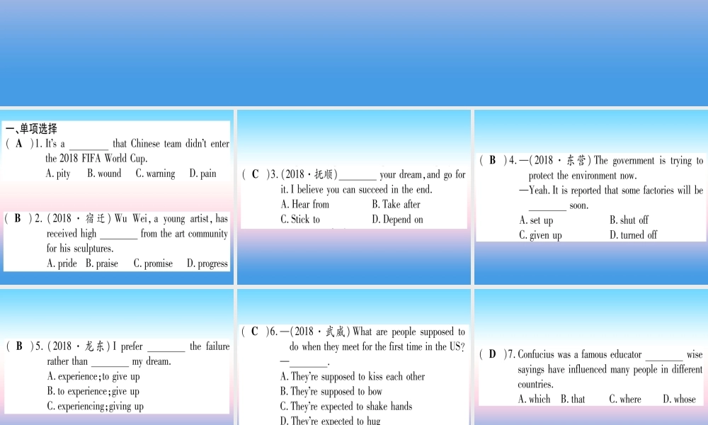 (湖北专用版)版中考英语复习 第一篇 教材系统复习 考点精练二十 九全 Units 9 10实用课件