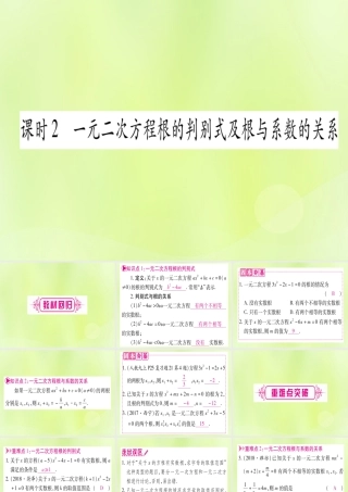 (湖北专用版)版中考数学优化复习 第2章 方程(组)与不等式(组)第2节 一元一次方程及其应用 课时2 一元一次方程根的判别式及根与系数的关系实用课件