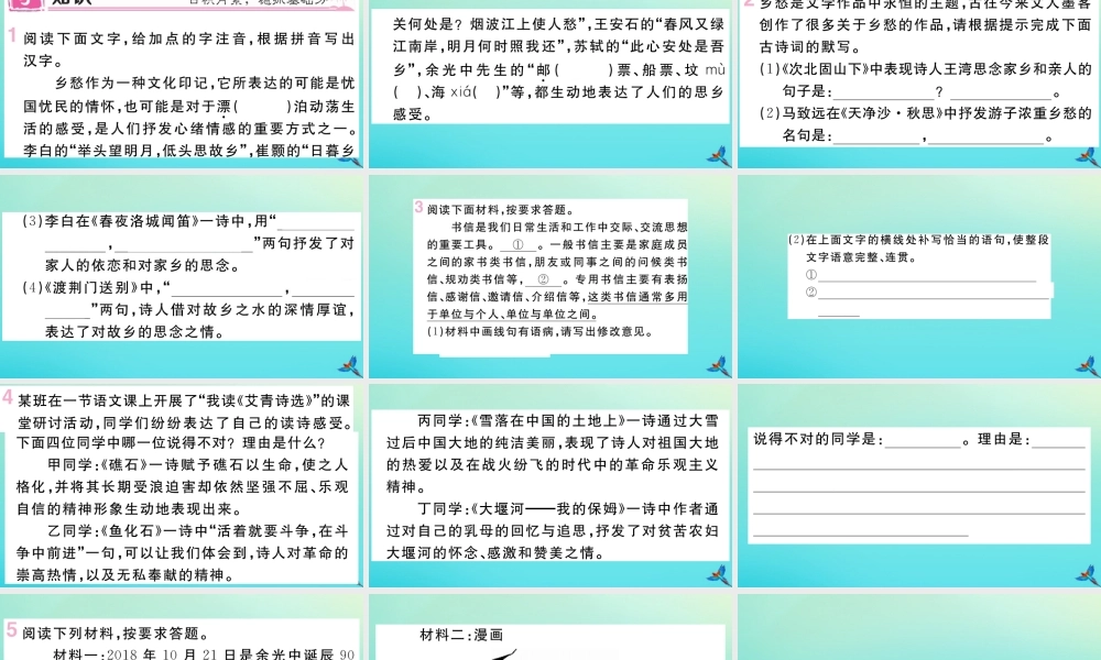 (河南专版)九年级语文上册 第一单元 3 乡愁作业课件 新人教版 课件
