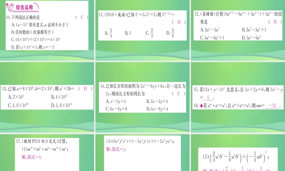 (江西专用)八年级数学上册 第14章 整式的乘法与因式分解 14.1 整式的乘法 14.1.4 整式的乘法 第4课时 整式的除法作业课件 (新版)新人教版 课件
