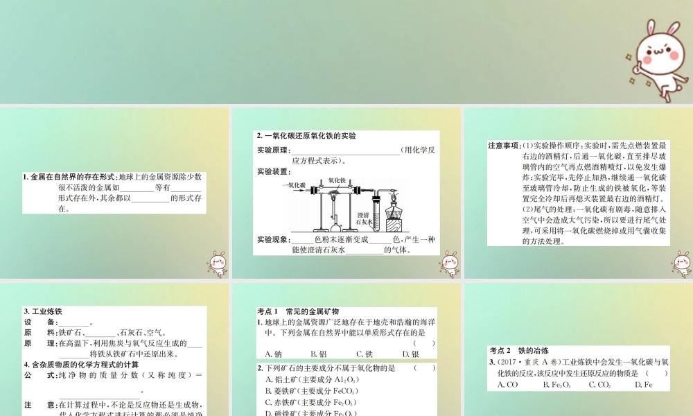 九年级化学下册 第八单元 金属和金属材料 课题3 金属资源的利用和保护 第1课时 铁的冶炼习题课件 (新版)新人教版 课件