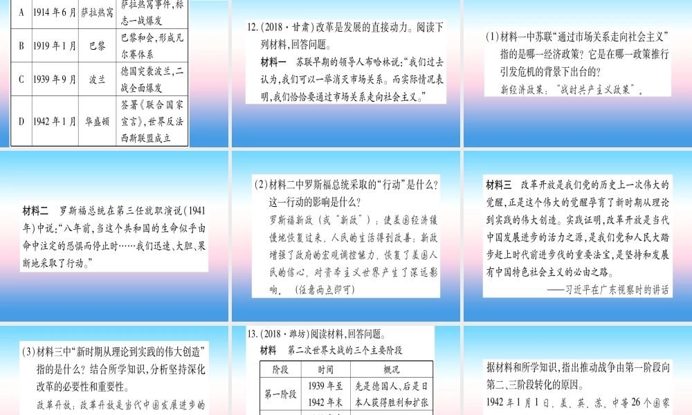 (甘肃专用)中考历史总复习 第一篇 考点系统复习 板块六 世界现代史 主题二 经济大危机和第二次世界大战(精练)课件