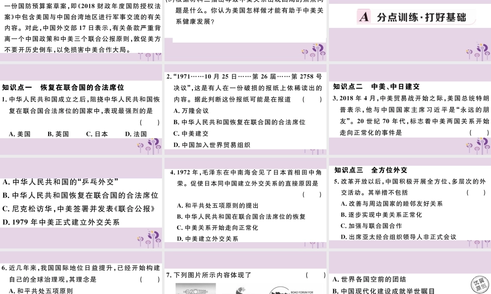 (玉林专版)八年级历史下册 第五单元 国防建设与外交成就 第17课 外交事业的发展习题课件 新人教版 课件