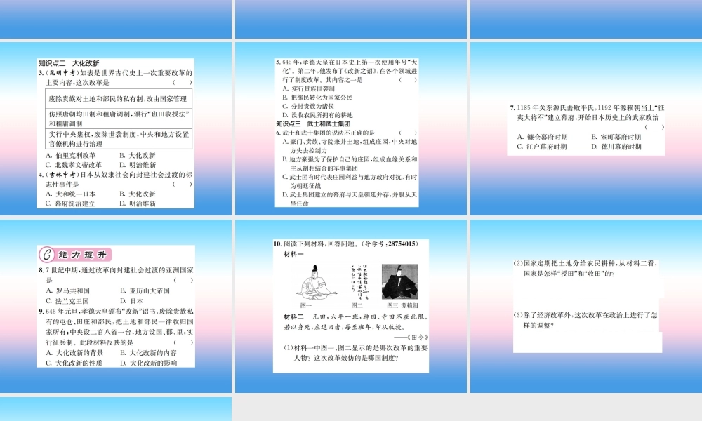 九年级历史上册 第4单元 封建时代的亚洲国家 第11课 古代日本作业课件 新人教版 课件