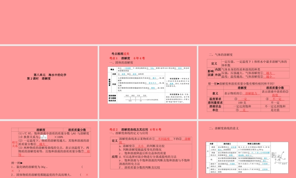 (滨州专版)中考化学总复习 第一部分 系统复习 成绩基石 第八单元 海水中的化学 第2课时 溶解度课件 鲁教版 课件