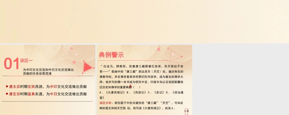 (秋季版)七年级历史下册 第一单元 隋唐时期：繁荣与开放的时代 第4课(唐朝的中外文化交流)误区预警素材 新人教版 素材