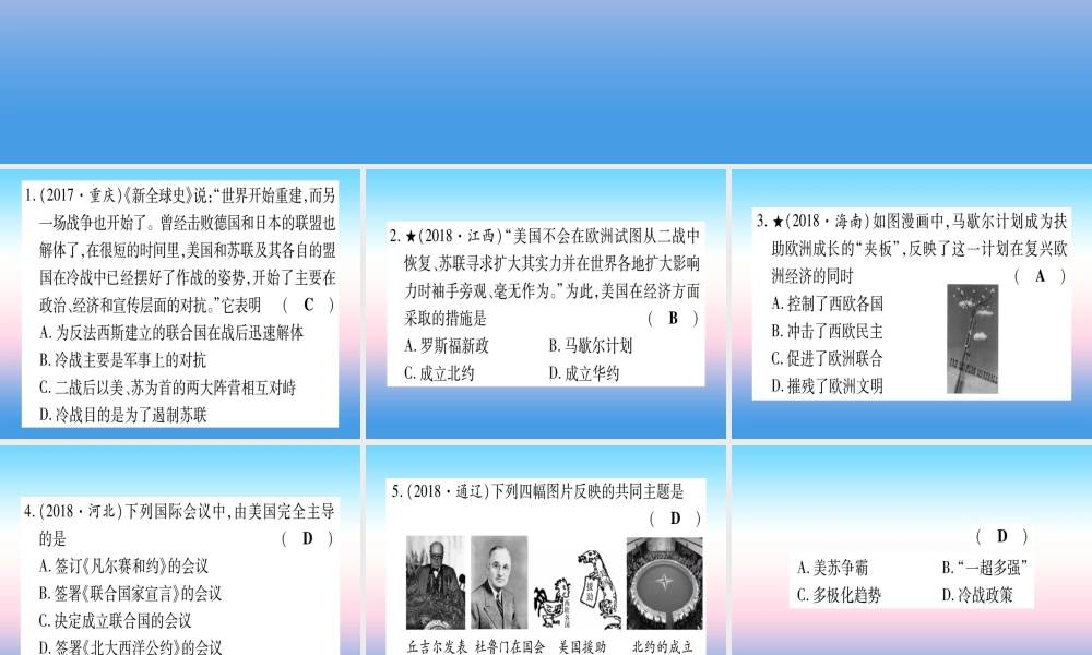 (甘肃专用)中考历史总复习 第一篇 考点系统复习 板块六 世界现代史 主题三 冷战和美苏对峙的世界(精练)课件