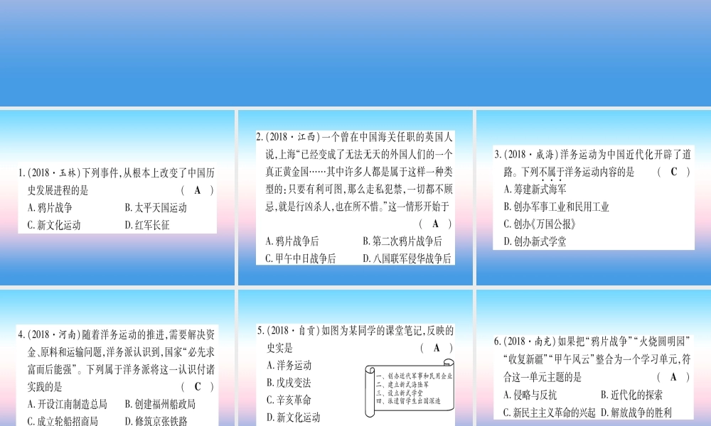 (云南专用)中考历史总复习 第一篇 考点系统复习 板块2 中国近代史 主题一 列强侵略和中华民族的抗争与探索(精练)课件