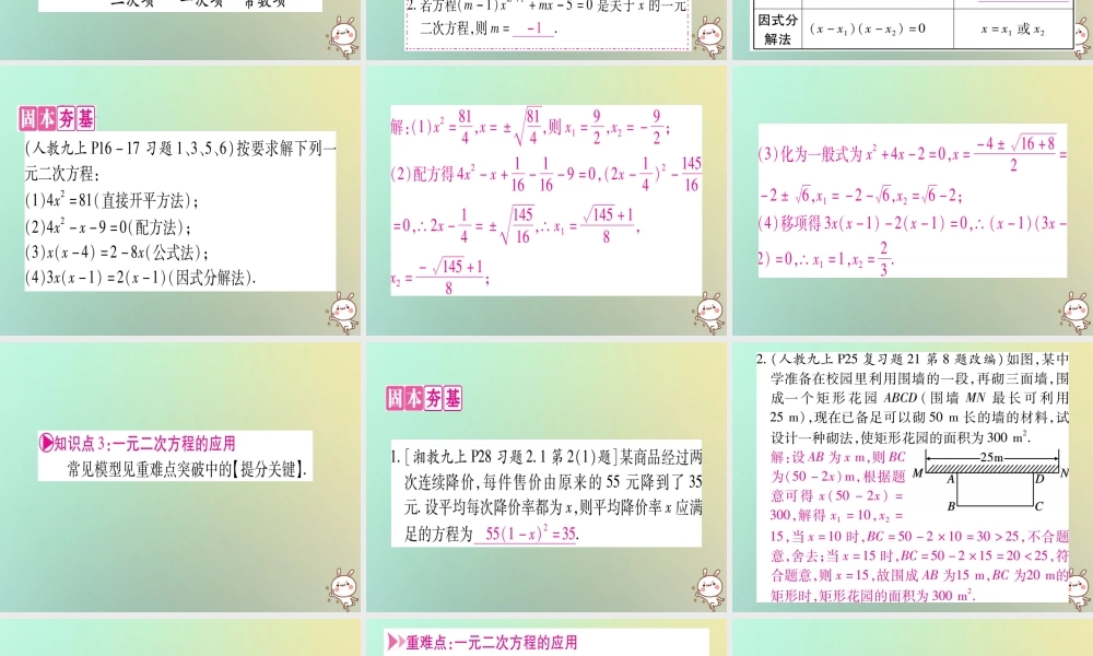 中考数学精选准点备考复习 第一轮 考点系统复习 第2章 方程(组)与不等式(组)第2节 一元二次方程及其应用 第1课时 一元二次方程的解法及实际应用课件 新人教版 课件