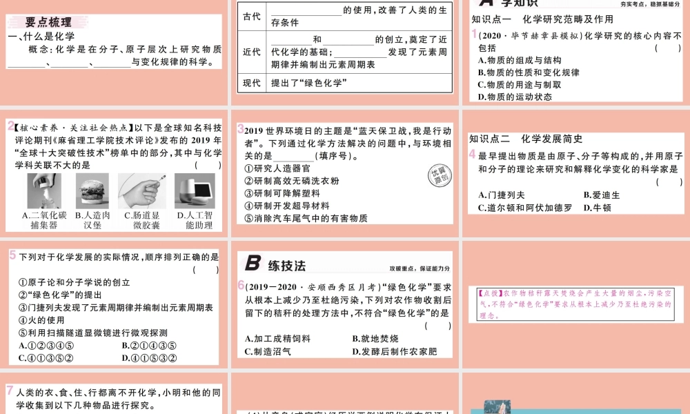 (贵州专版)九年级化学上册 绪言 化学使世界变得更加绚丽多彩作业课件 (新版)新人教版 课件