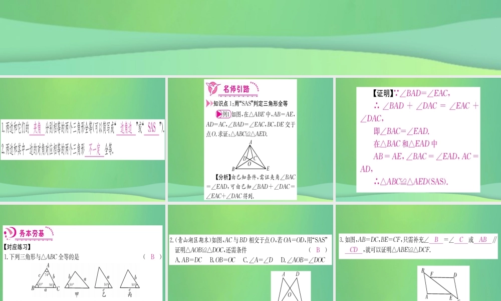 (江西专用)八年级数学上册 第12章 全等三角形 12.2 三角形全等的判定 第2课时 SAS作业课件 (新版)新人教版 课件