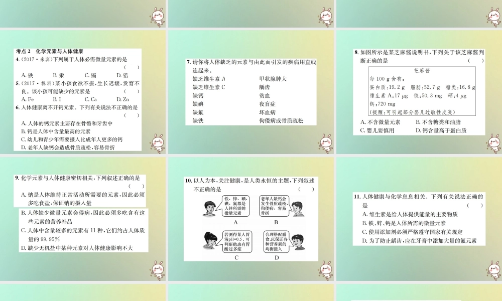九年级化学下册 第十二单元 化学与生活 课题2 化学元素与人体健康习题课件 (新版)新人教版 课件