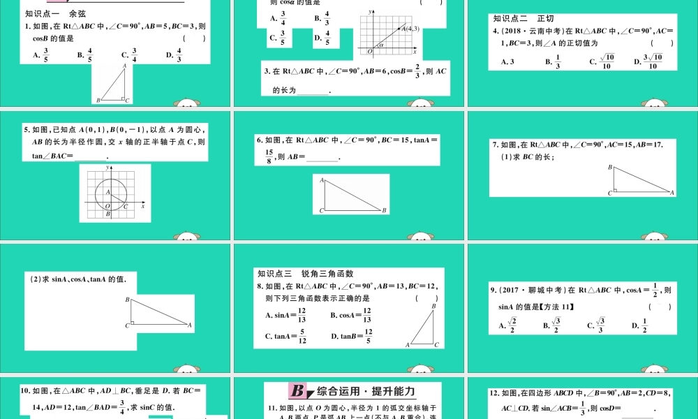 (湖北专用)九年级数学下册 第28章 锐角三角函数 28.1 锐角三角函数 第2课时 余弦函数和正切函数习题讲评课件 (新版)新人教版 课件